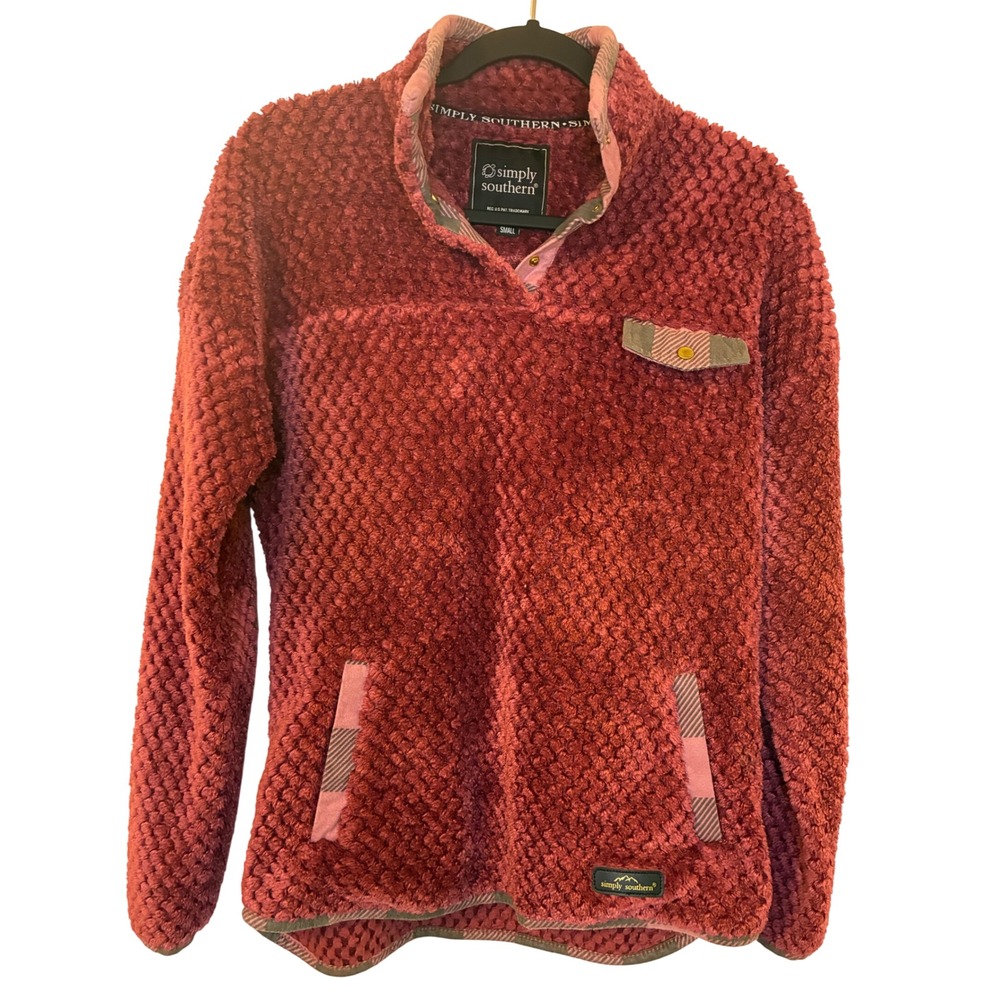 Simply Southern Womens Popcorn Fleece Pullover Burgundy Plaid Trim Small